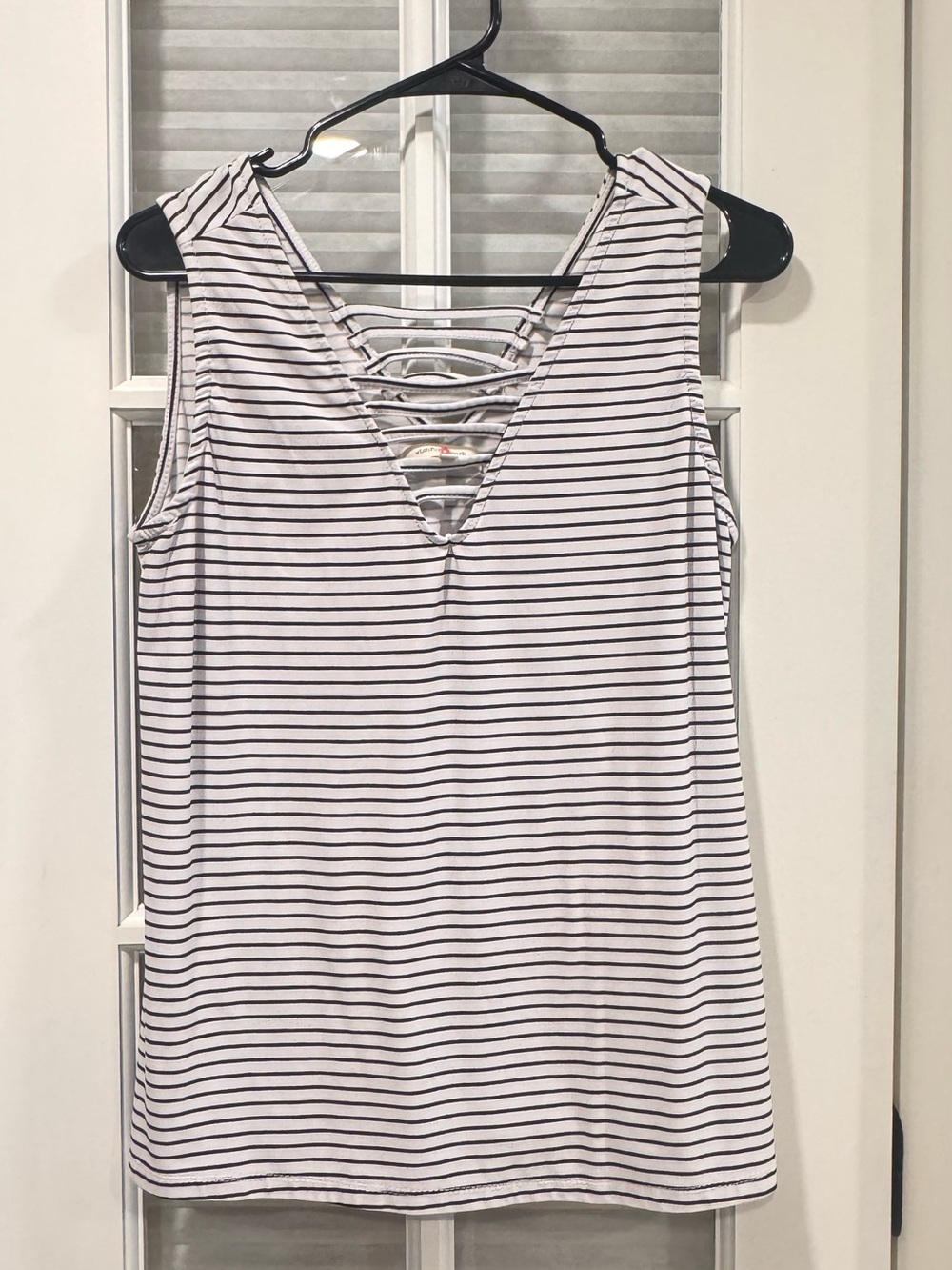 Wishful Park White and Black Striped V-Neck Tank with Lattice Back